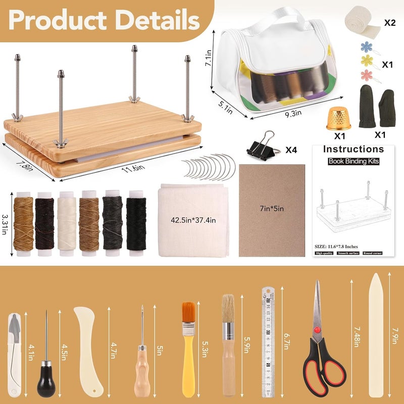 Makeasy 50Pcs Book Binding Kits with Book Press (11.6x7.8in), DIY Bookbinding Kit with Waxed Thread, Needles, Bone Folder, Scissors & Bookbinding Supplies for Beginners & Professionals - Image 2